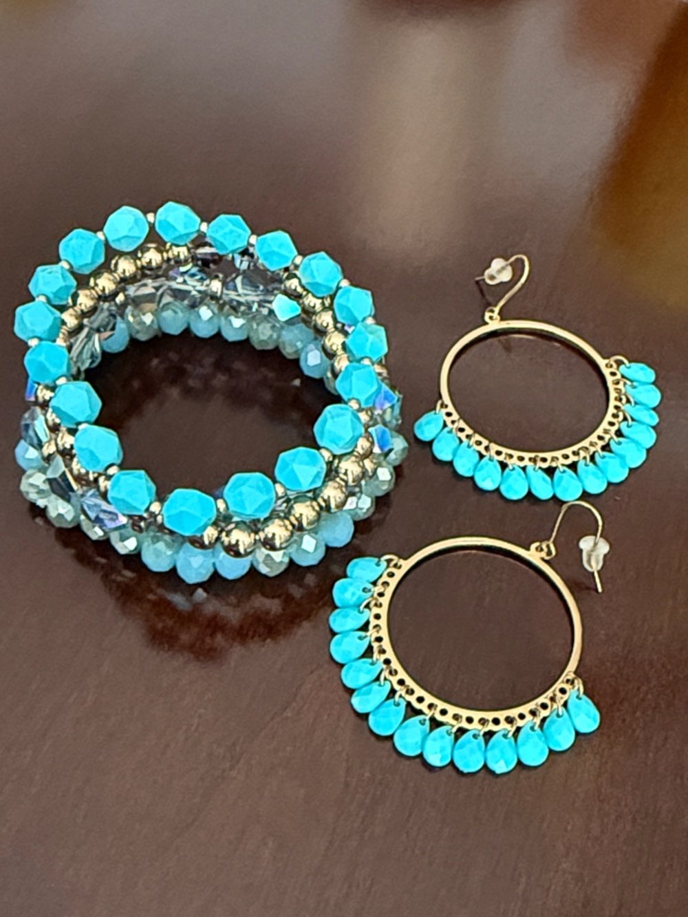 Turquoise Beaded 4 PC Stretch Bracelet Stack with Earrings